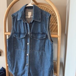 Sleeveless Button-Down Denim Shirt Vest - Blue